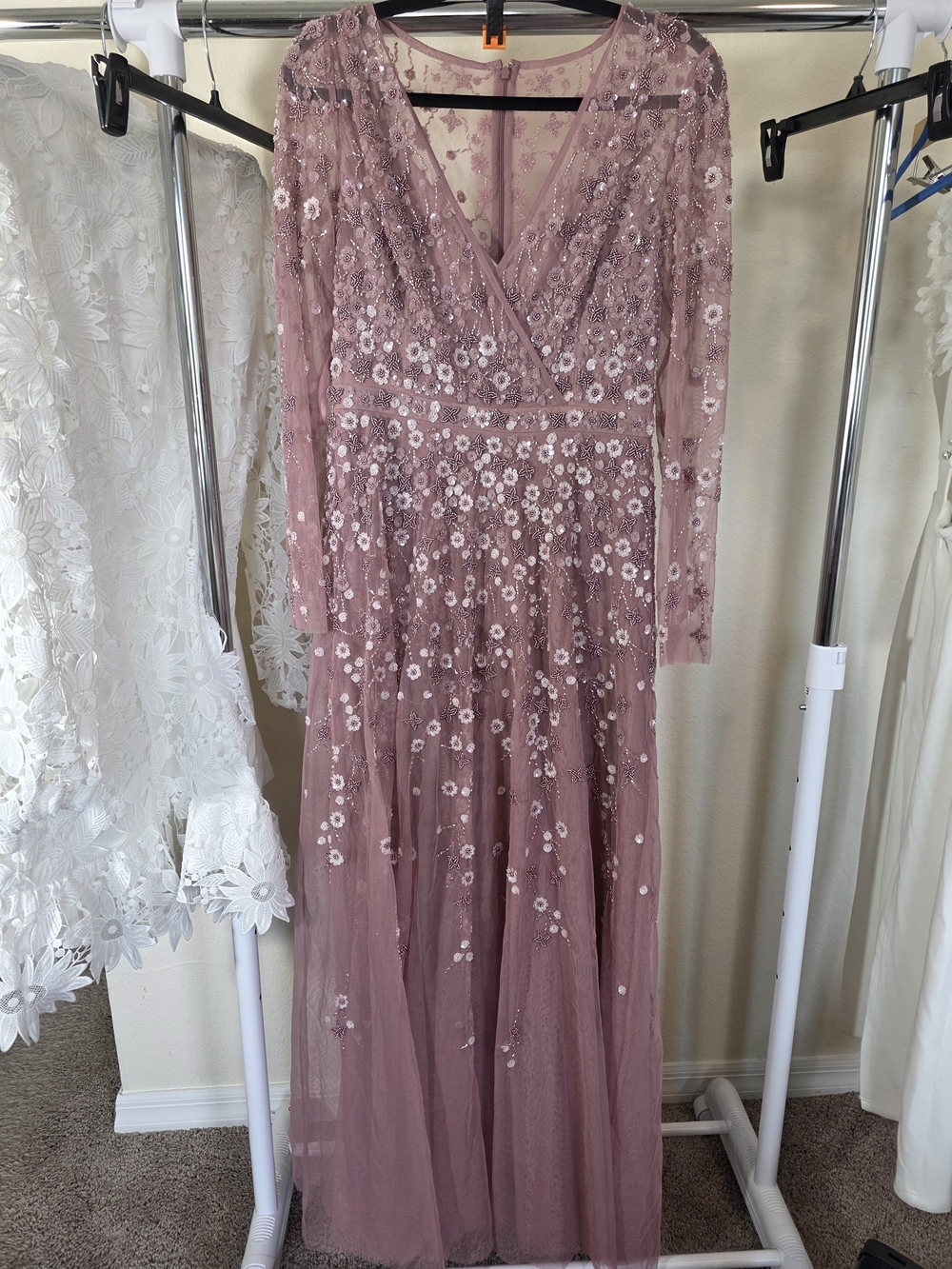 Mac Duggal Mauve Long Sleeve V-Neck Embellished Evening Gown 3D Floral - Picture 5 of 15